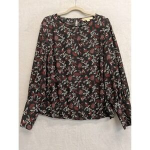 Michael Kors Black Floral‎ Print Long Sleeve Blouse Top Size L